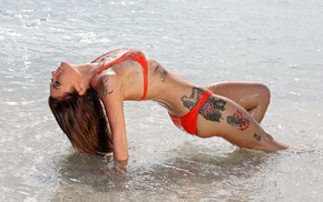 girl, sea, tattoo, bikini, wet body