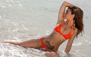 closed eyes, wet body, sea, hands in hair, girl, tattoo