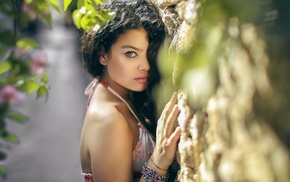 blurred, girl outdoors, long hair, girl, curly hair, dress