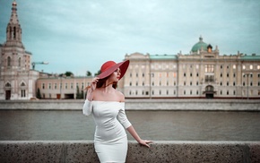 city, redhead, girl, white dress