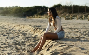 jean shorts, model, sitting, girl