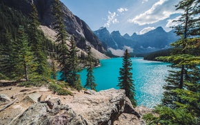 mountain, trees, lake, clouds, nature, landscape