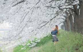 jean jacket, girl outdoors, trees, girl, skirt, Asian