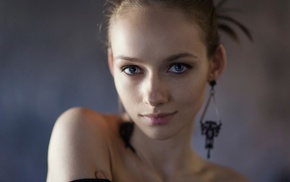 looking at viewer, girl, blonde, bare shoulders, Maxim Maksimov, blue eyes