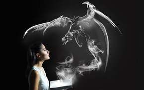 girl, dragon, smoke, fantasy art