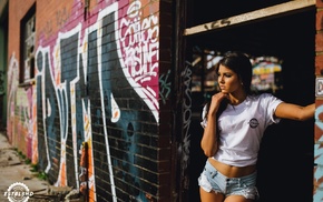 Aline Lima, model, looking away, white tops, girl, jean shorts