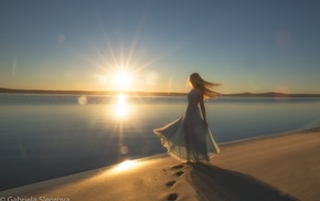 sea, blonde, sunset, sand, dress, girl