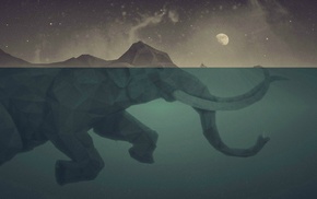 sky, sea, water, moon, elephants, digital art