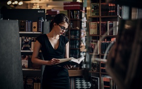 black dress, girl, library, dress, brunette, books