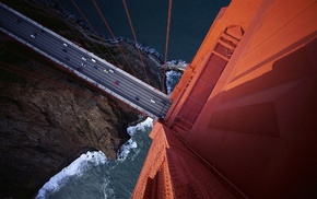 Golden Gate Bridge, car, aerial view, bridge, rock