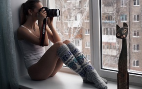 ass, Canon, window, brunette, socks, cat