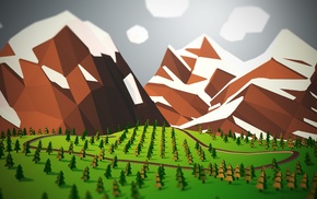 low poly, trees, landscape, mountain