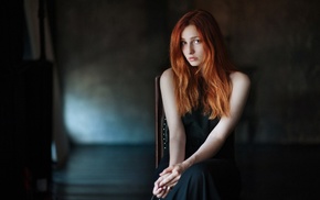 redhead, chair, sitting, girl, black dress, model