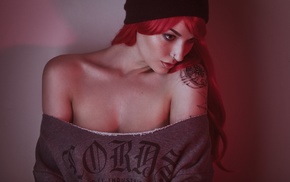 girl, looking away, nose rings, redhead, bare shoulders, tattoo