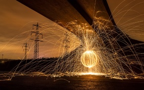 photography, motion blur, utility pole, power lines, bridge, circle
