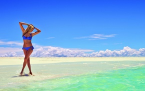 sea, arms up, blonde, bikini, water, beach