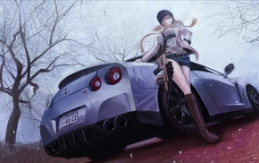 anime girls, anime, machine gun, Nissan GTR