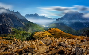 forest, Alps, clouds, lake, mist, Italy