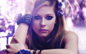 purple dresses, purple eyes, soft shading, model, Avril Lavigne, purple sky