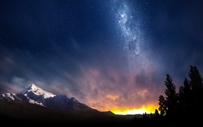 stars, sunset, Milky Way, landscape, mountain