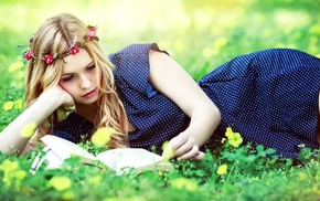 grass, reading, model, blue dress, girl outdoors, girl