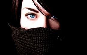 scarf, girl, eyes, brunette, blue eyes