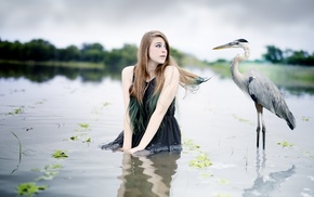 girl, brunette, birds, model