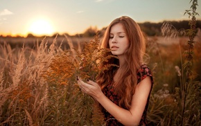 sunset, girl outdoors, painted nails, plants, girl, redhead