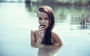girl, wet body, open mouth, nude, finger in mouth, wet hair