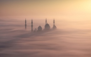 mist, temple, clouds, landscape, nature, sunrise