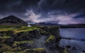 Iceland, house, nature, coast, sea, landscape