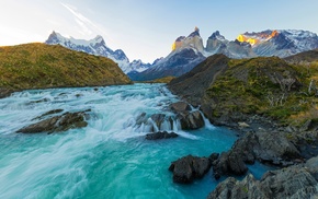 water, landscape, sunset, turquoise, Chile, rapids