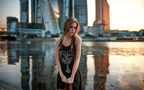 city, girl, looking down, blonde, river, dress