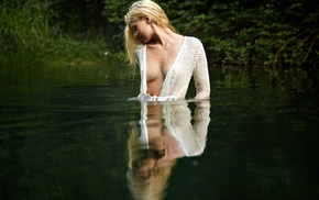 river, wet body, blonde, girl, looking back, boobs