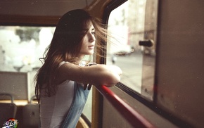 model, girl, buses, looking away