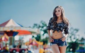girl, smiling, model, jean shorts, flat belly
