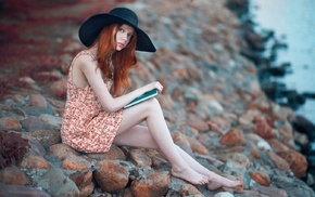 looking at viewer, rock, model, sitting, redhead, girl
