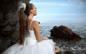 looking away, sitting, model, rock, girl, white dress