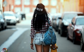 road, model, jean shorts, girl, back, skateboard