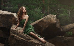 girl, sitting, rock, dress, nature, model