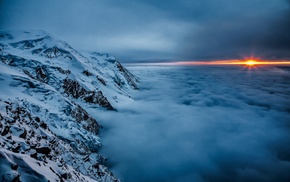 mist, nature, landscape, blue, mountain, sunset