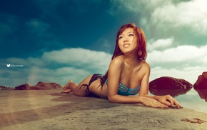 bikini, Asian, model, smiling, girl, sand