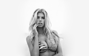 Charlotte McKinney, model, simple background, bikini tops, blonde, monochrome