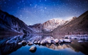 mountain, snow, water, tilt shift, lake, stars