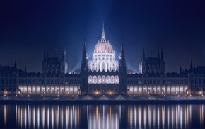 night, water, cityscape, architecture, lights, Budapest