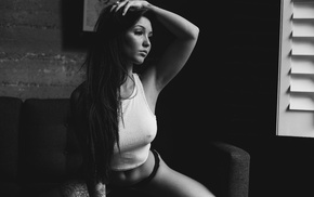 Kristina Chai, hands on head, model, monochrome, armpits, nipples through clothing