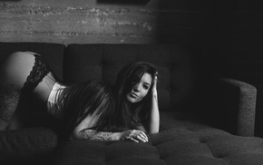monochrome, ass, tattoo, couch, girl, model