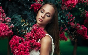 portrait, model, girl, face, flowers