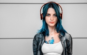 girl, headphones, portrait, tattoo, dyed hair, face