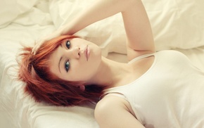 looking at viewer, lying down, redhead, tank top, girl, blue eyes